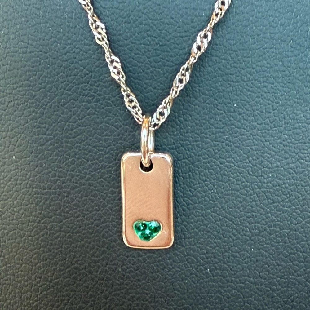 Dainty Silver Tone Dog Tag Green Rhinestone Crystal Heart Pendant Necklace